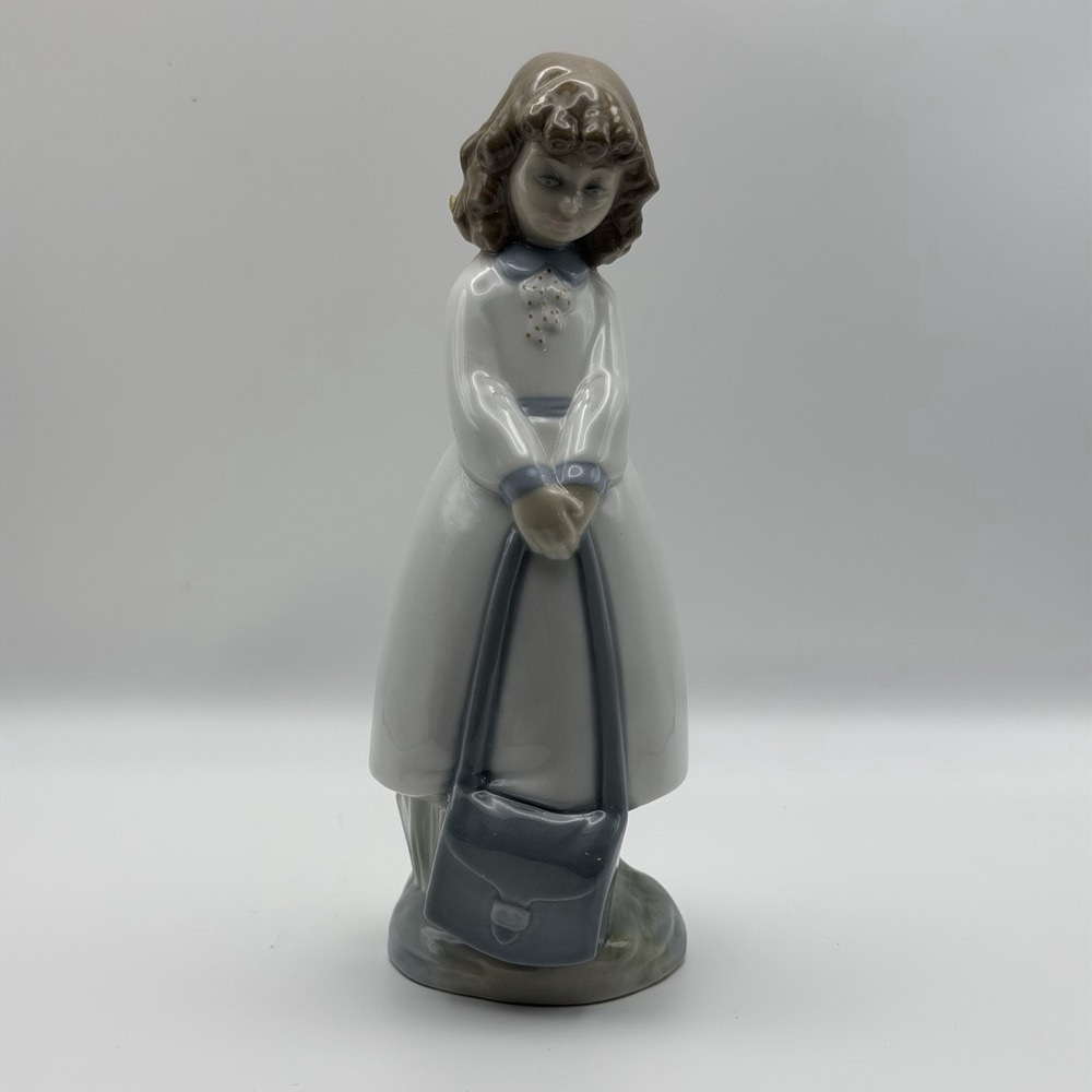 Vintage Lladro Zaphir Porcelain Figurine School Girl Bag Backpack Luster 7.5"
